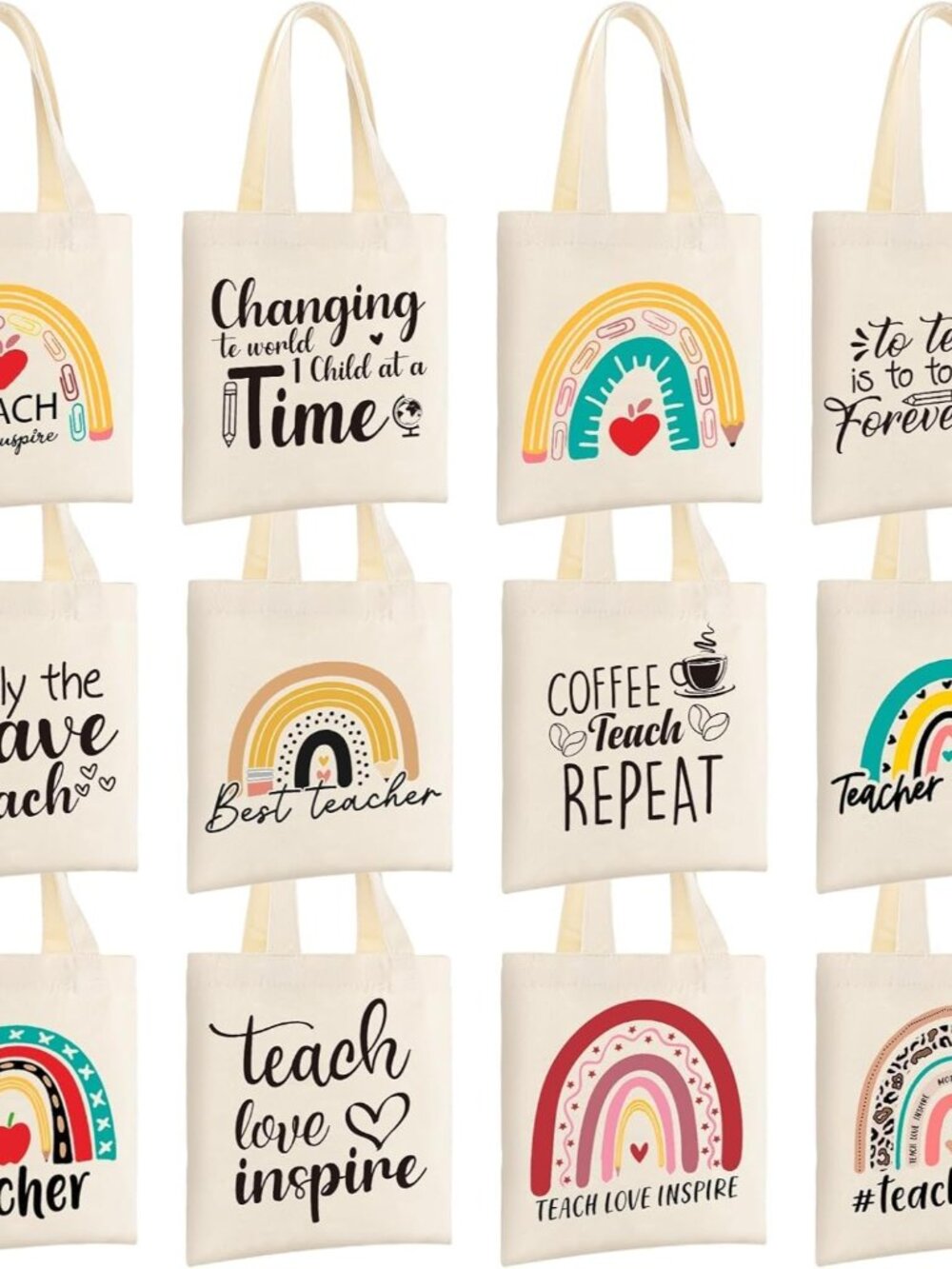 12 Pieces Teacher Appreciation Gifts Reusable Canvas Totes Bag with Pattern Cott